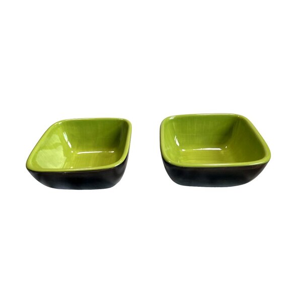 Vtg Gail Pittman Handcrafted Green DK Brown Square Ceramic Bowls Set Of 2 - Picture 5 of 11